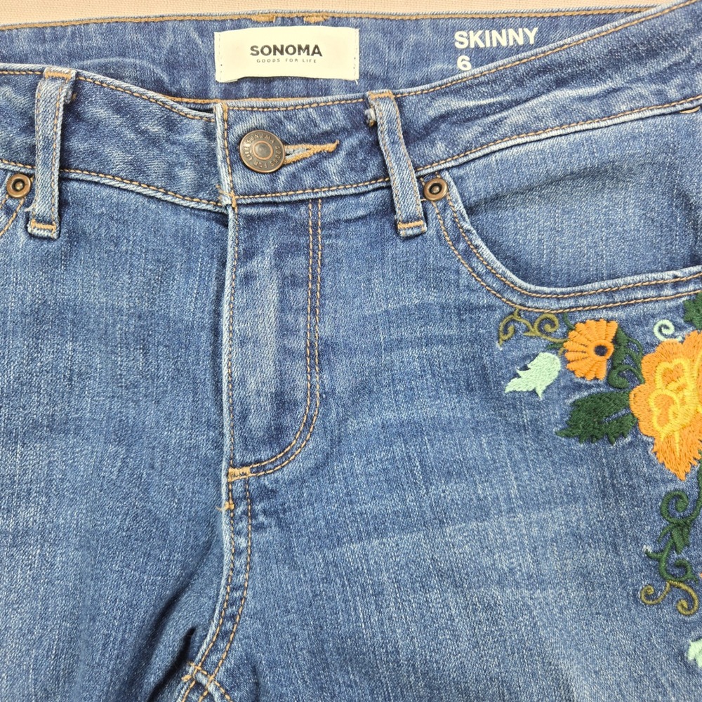 Sonoma Skinny Jeans Floral Embroidered Medium Wash Blue Womens Size 6 - Picture 7 of 13
